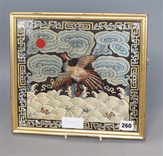 A Chinese embroidered Civil Rank badge, framed